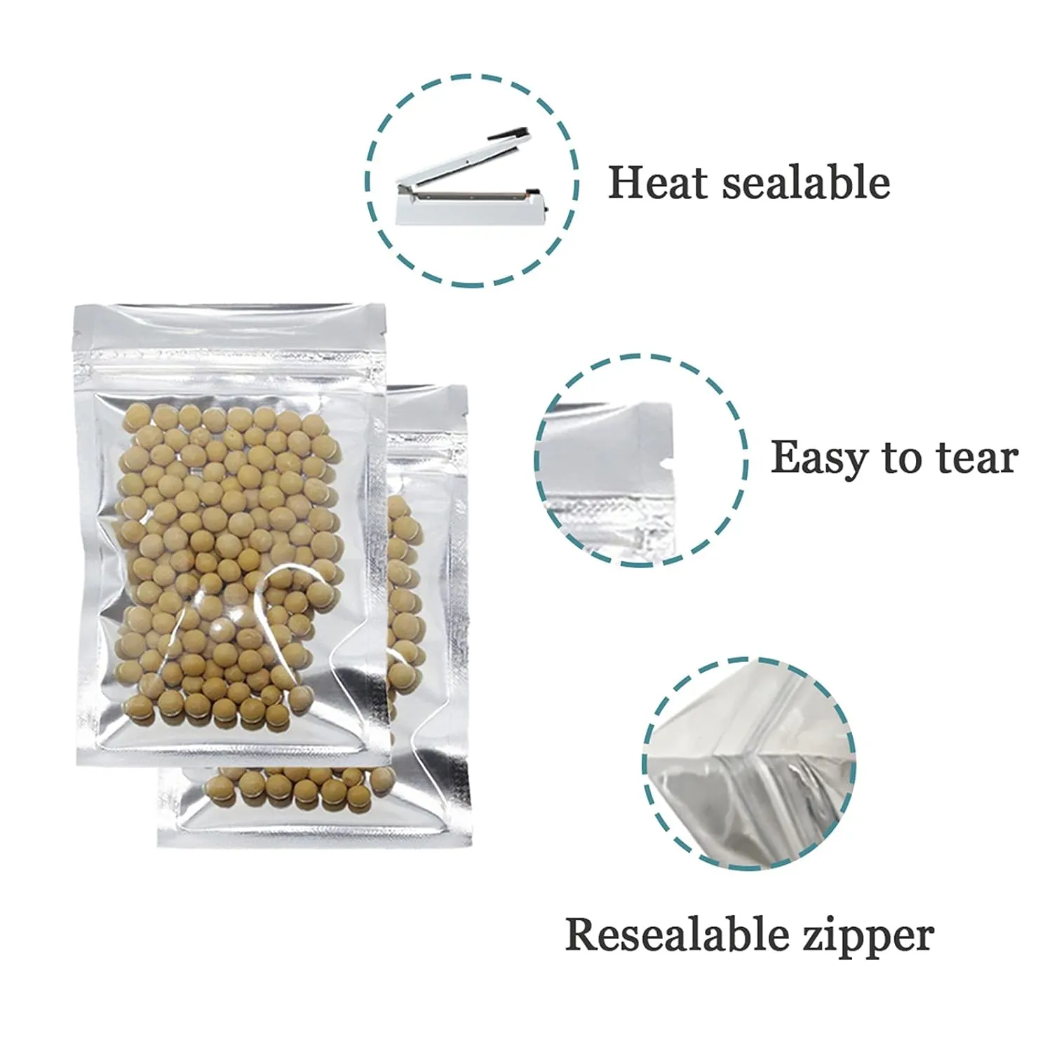 100 Pack Clear Front Reclosable Airtight Mylar Bags 8.5X14Cm (3.3X5.5Inch) For Zip Heat Seal Aluminum Foil Packaging Lock Plastic Bag Valve Zipper Lock Bulk Food Storage Candy Foil Pouch