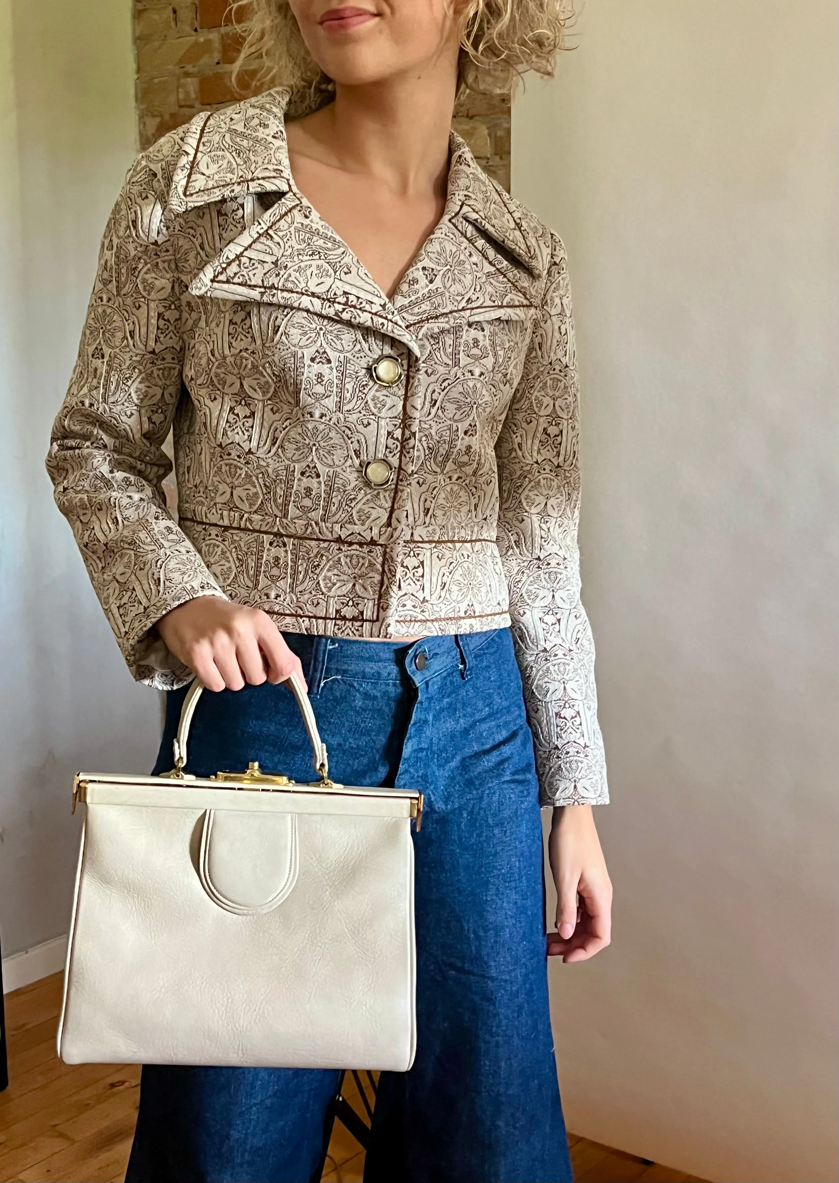 1950S 1960s Cream/White Leather Top Handle Bag with Red Linen/Danish Design