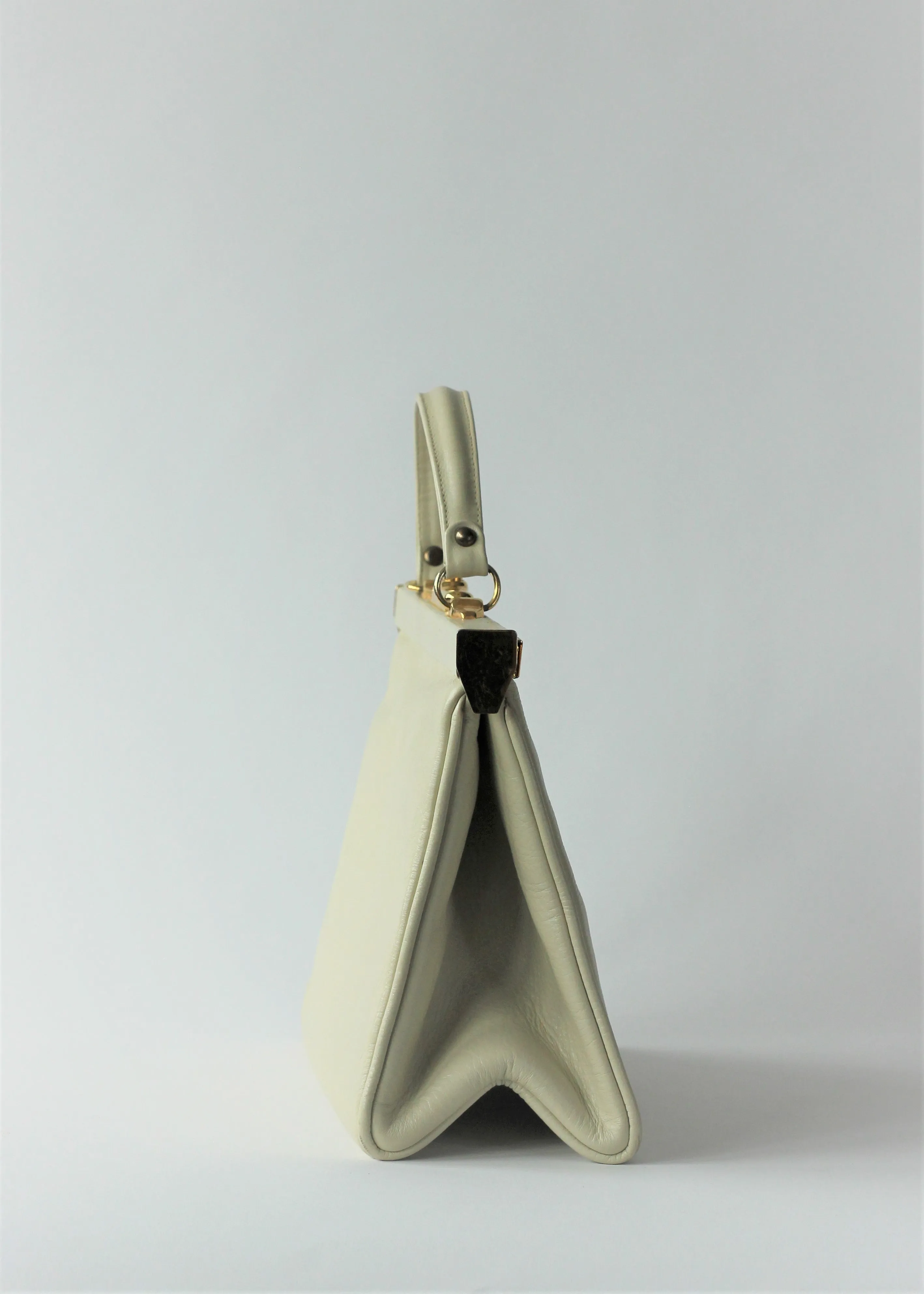 1950S 1960s Cream/White Leather Top Handle Bag with Red Linen/Danish Design