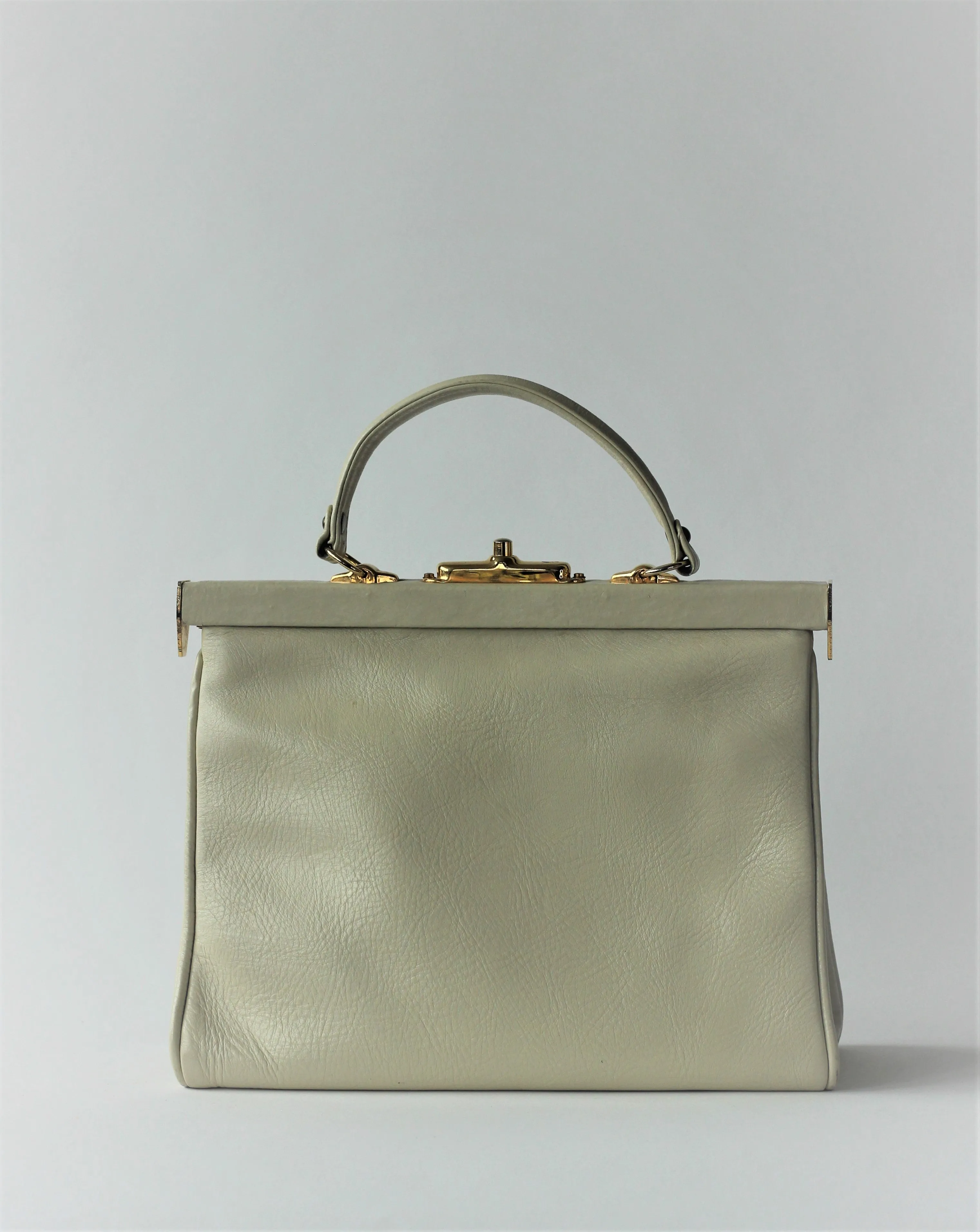 1950S 1960s Cream/White Leather Top Handle Bag with Red Linen/Danish Design