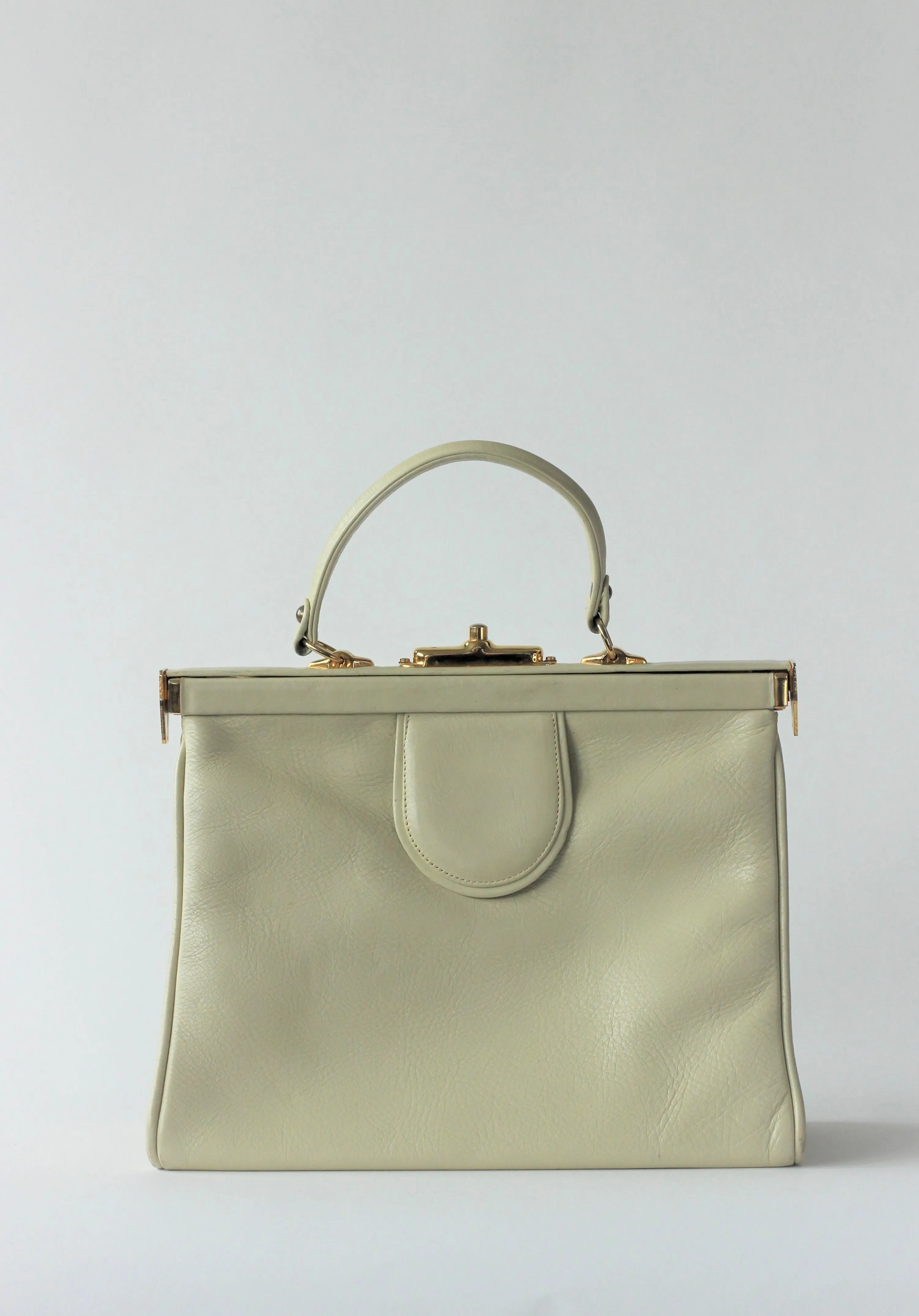 1950S 1960s Cream/White Leather Top Handle Bag with Red Linen/Danish Design