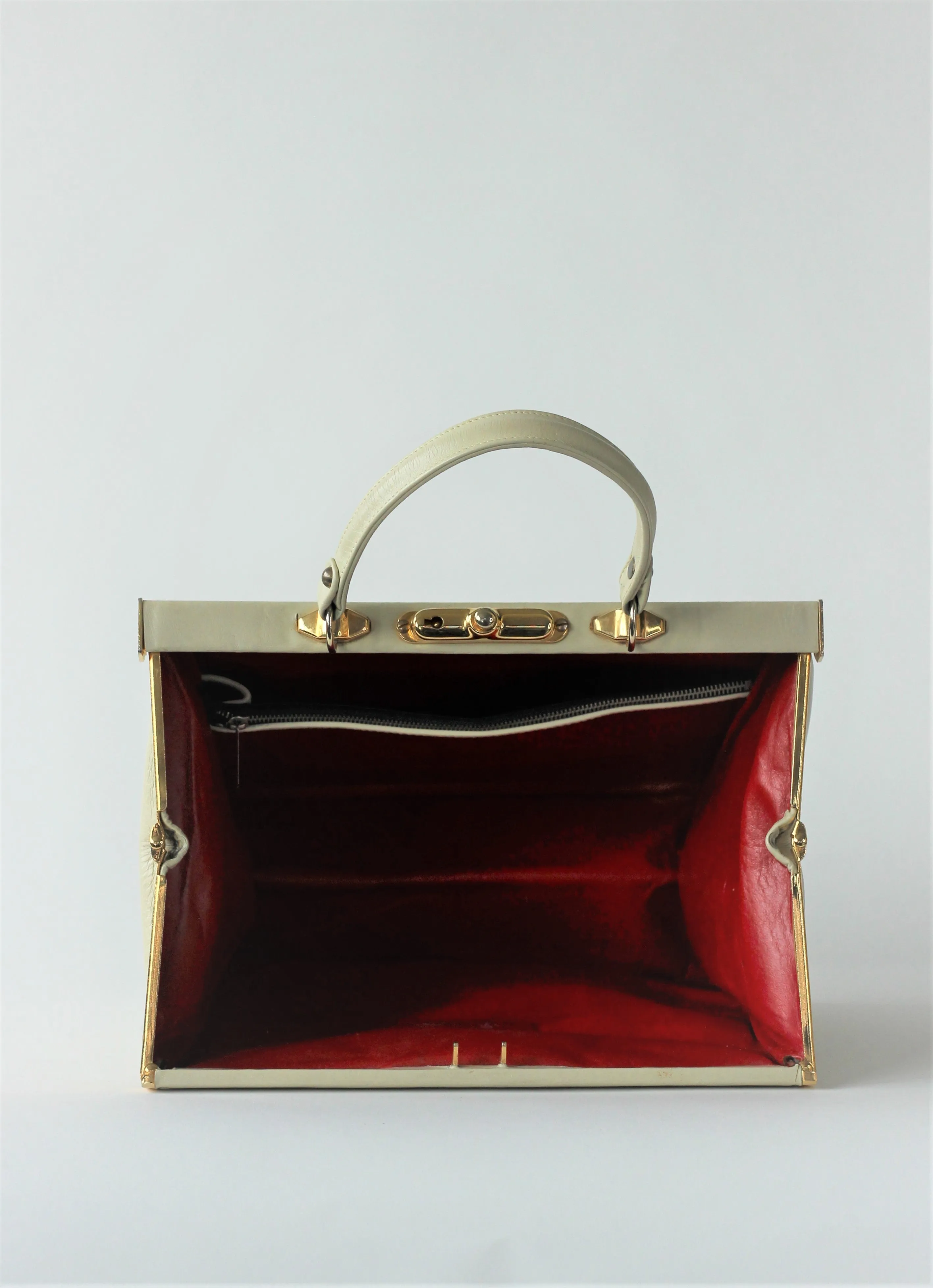 1950S 1960s Cream/White Leather Top Handle Bag with Red Linen/Danish Design