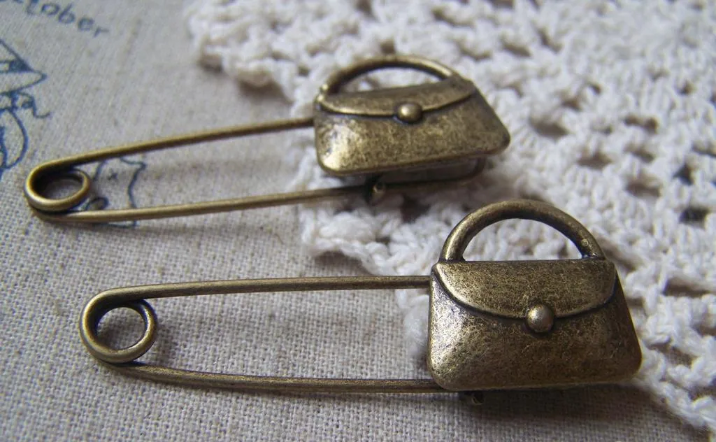 6 pcs Antique Bronze Handbag Safety Pins Broochs A4872