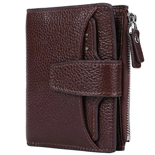 AINIMOER Women's RFID Blocking Leather Small Compact Bi-fold Zipper Pocket Wallet Card Case Purse (Lichee Coffee)