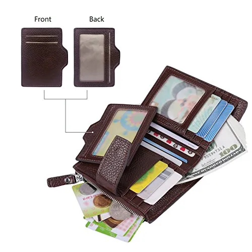 AINIMOER Women's RFID Blocking Leather Small Compact Bi-fold Zipper Pocket Wallet Card Case Purse (Lichee Coffee)