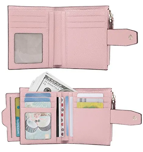 AINIMOER Women's RFID Blocking Leather Small Compact Bi-fold Zipper Pocket Wallet Card Case Purse (Lichee Pink)