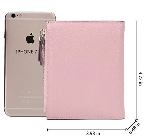 AINIMOER Women's RFID Blocking Leather Small Compact Bi-fold Zipper Pocket Wallet Card Case Purse (Lichee Pink)