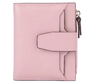 AINIMOER Women's RFID Blocking Leather Small Compact Bi-fold Zipper Pocket Wallet Card Case Purse (Lichee Pink)