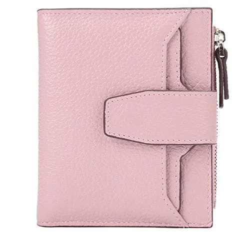 AINIMOER Women's RFID Blocking Leather Small Compact Bi-fold Zipper Pocket Wallet Card Case Purse (Lichee Pink)
