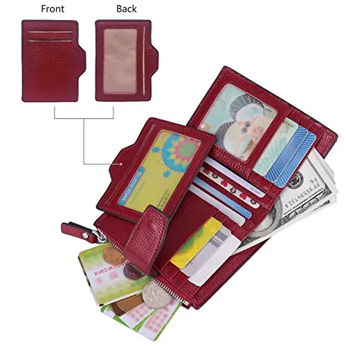 AINIMOER Women's RFID Blocking Leather Small Compact Bi-fold Zipper Pocket Wallet Card Case Purse (Lichee Wine)