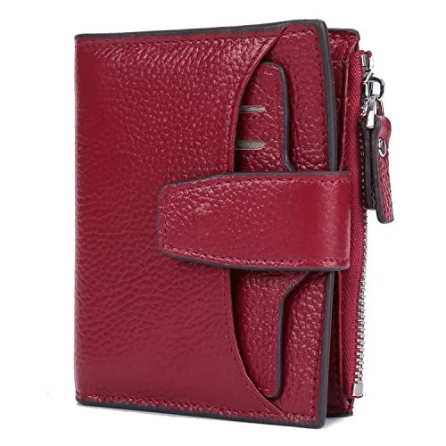 AINIMOER Women's RFID Blocking Leather Small Compact Bi-fold Zipper Pocket Wallet Card Case Purse (Lichee Wine)
