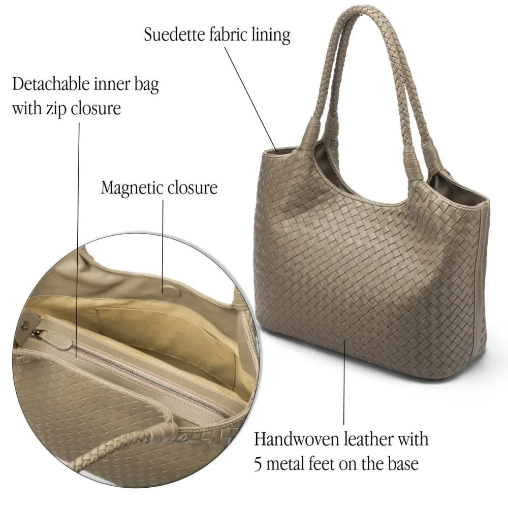 Anya Woven Leather Shoulder Bag - Taupe