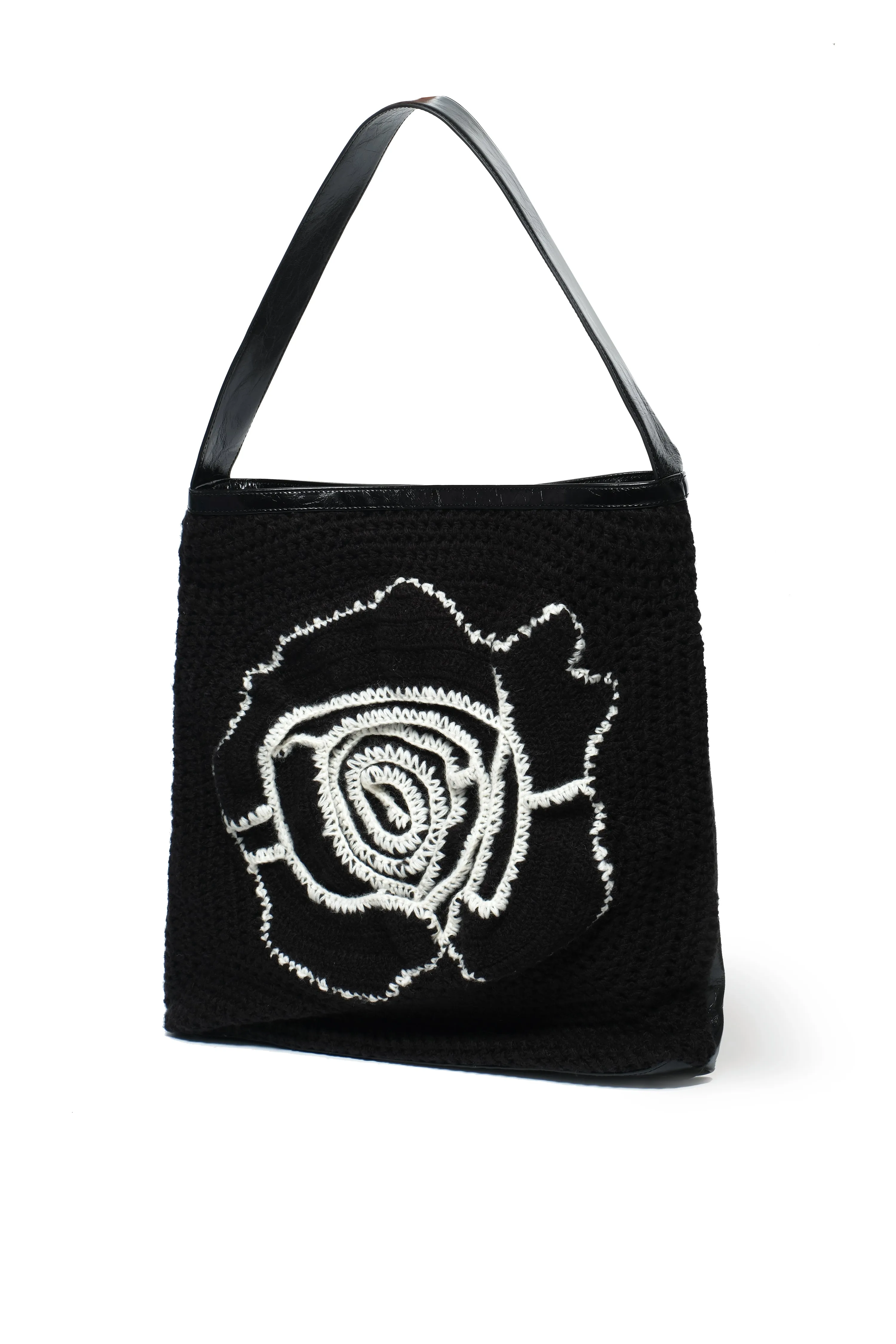 Black Floral Crochet Leather Tote