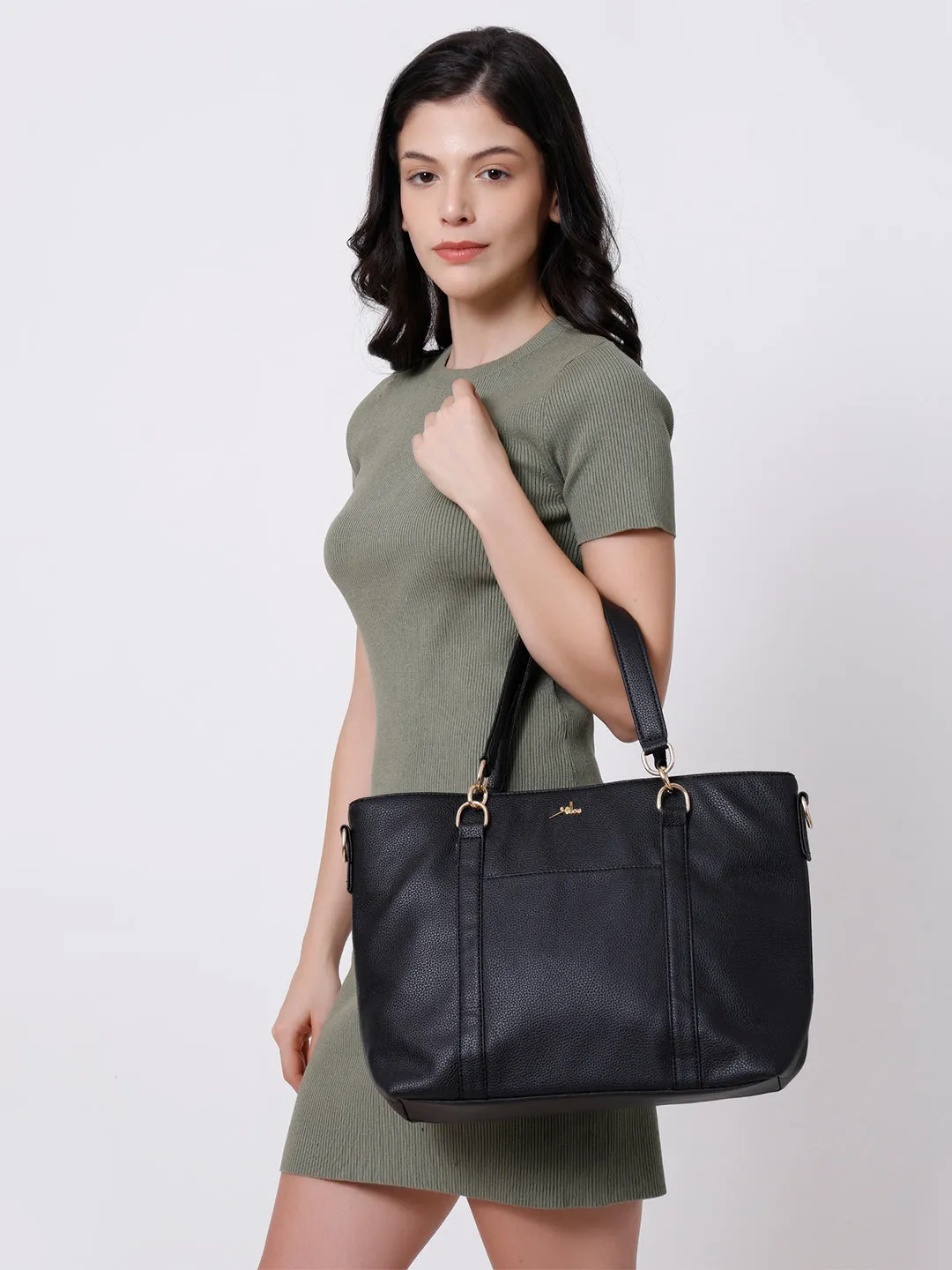 Black Synthetic Leather Shoulder Bag for Women