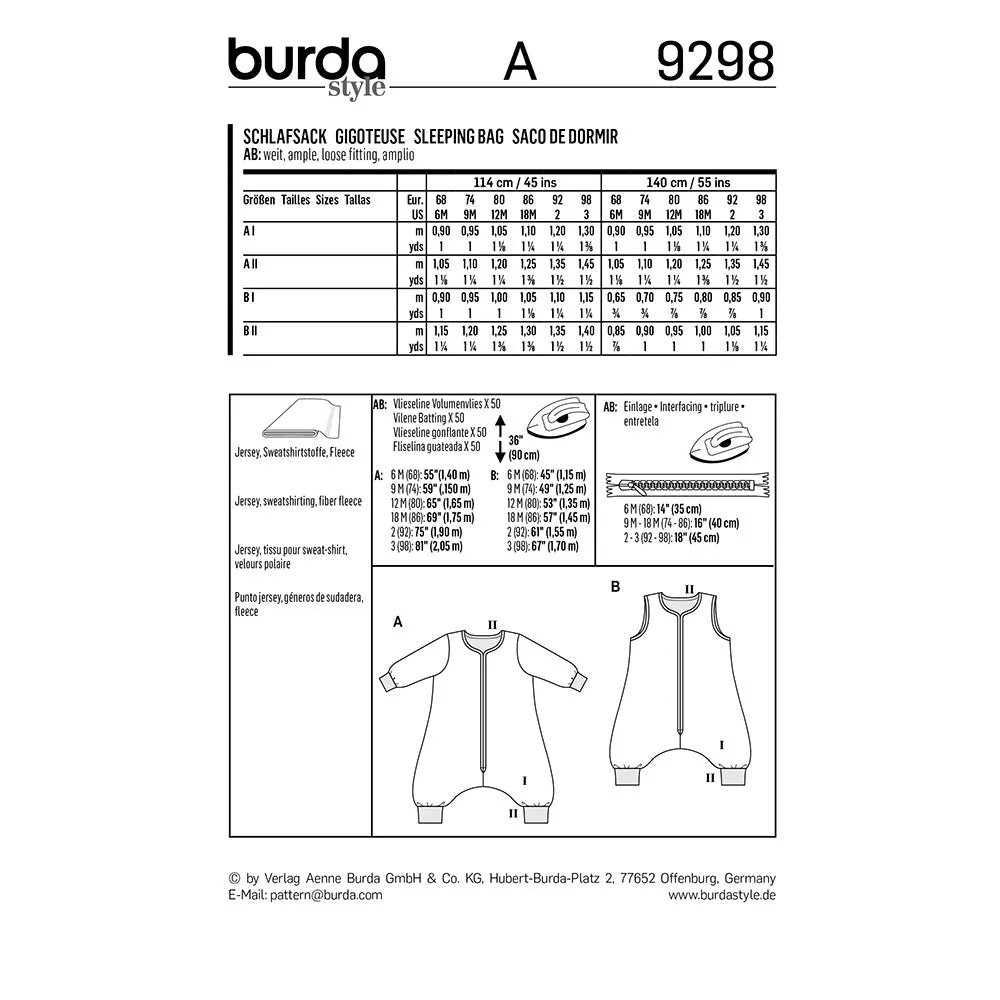 BURDA - 9298 Sleeping Bag with Legs