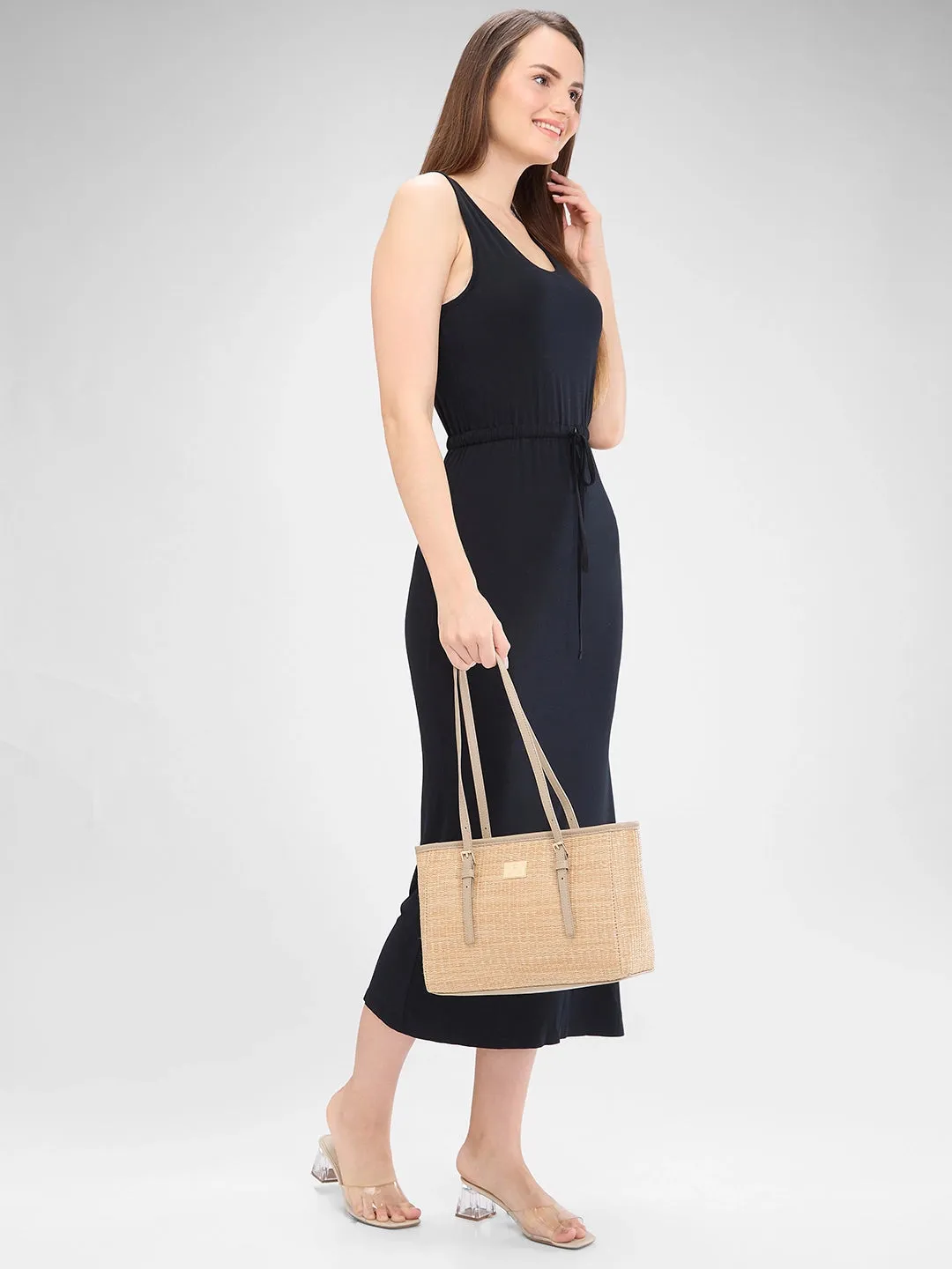 Caprese Georgia Tote Medium Self Design Womens Handbag Light Yellow