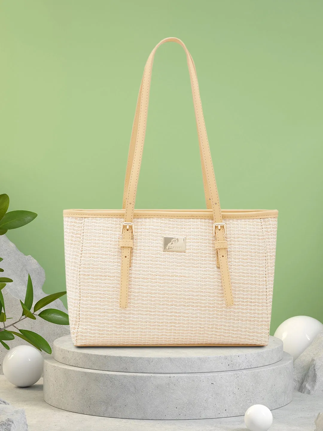 Caprese Georgia Tote Medium Self Design Womens Handbag Light Yellow