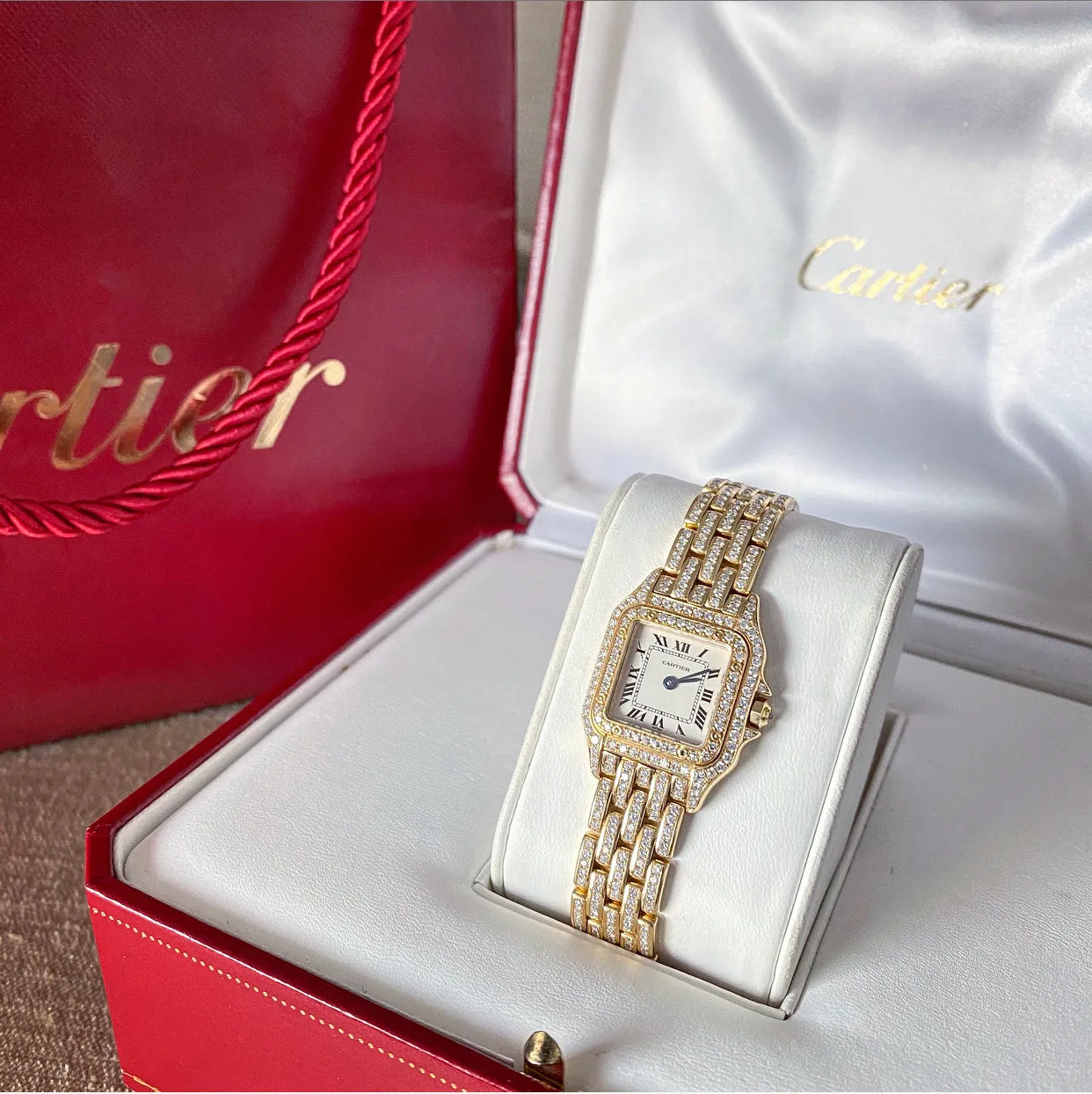 Cartier 18K Yellow Gold Mini 22mm Panthere Ladies Diamond Watch