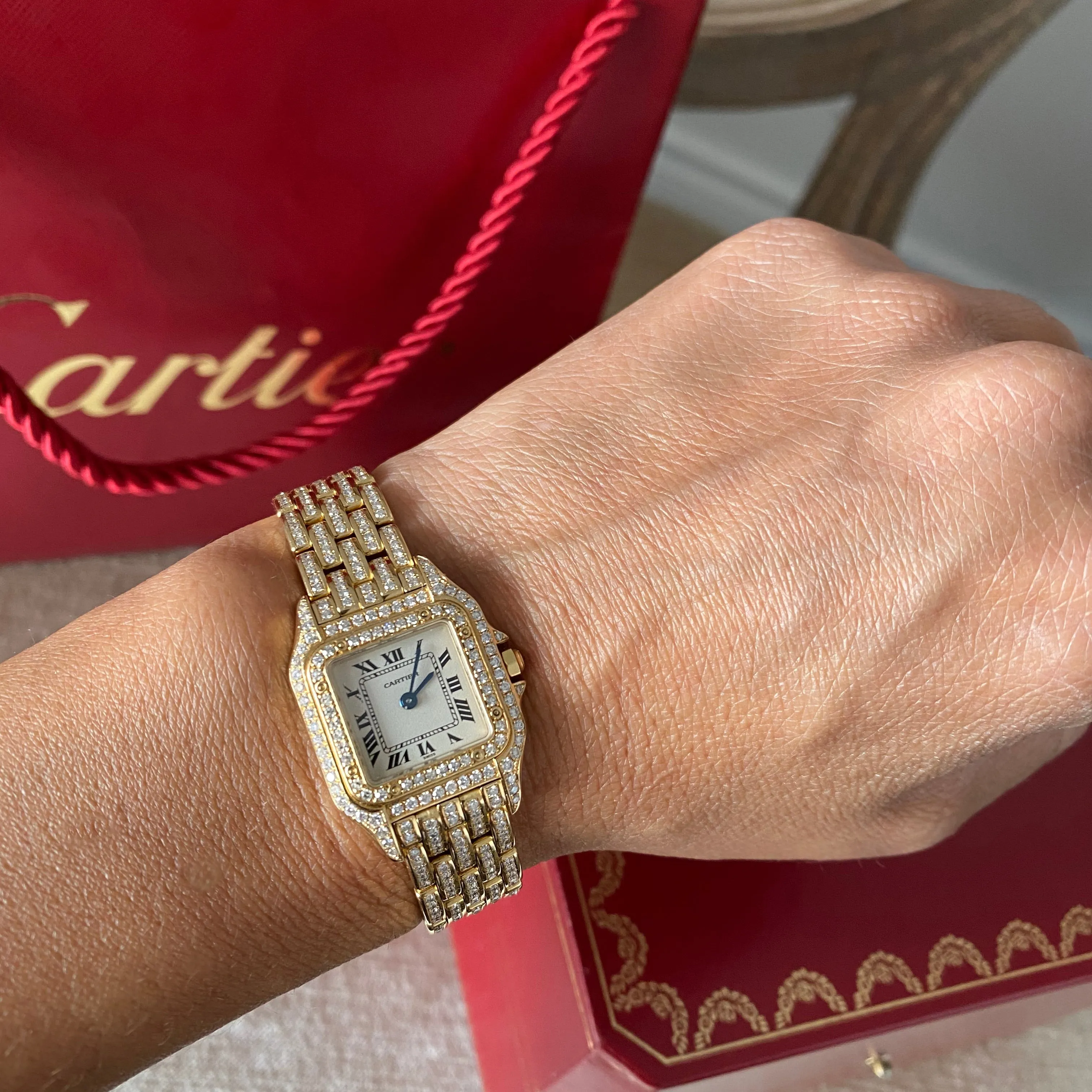 Cartier 18K Yellow Gold Mini 22mm Panthere Ladies Diamond Watch