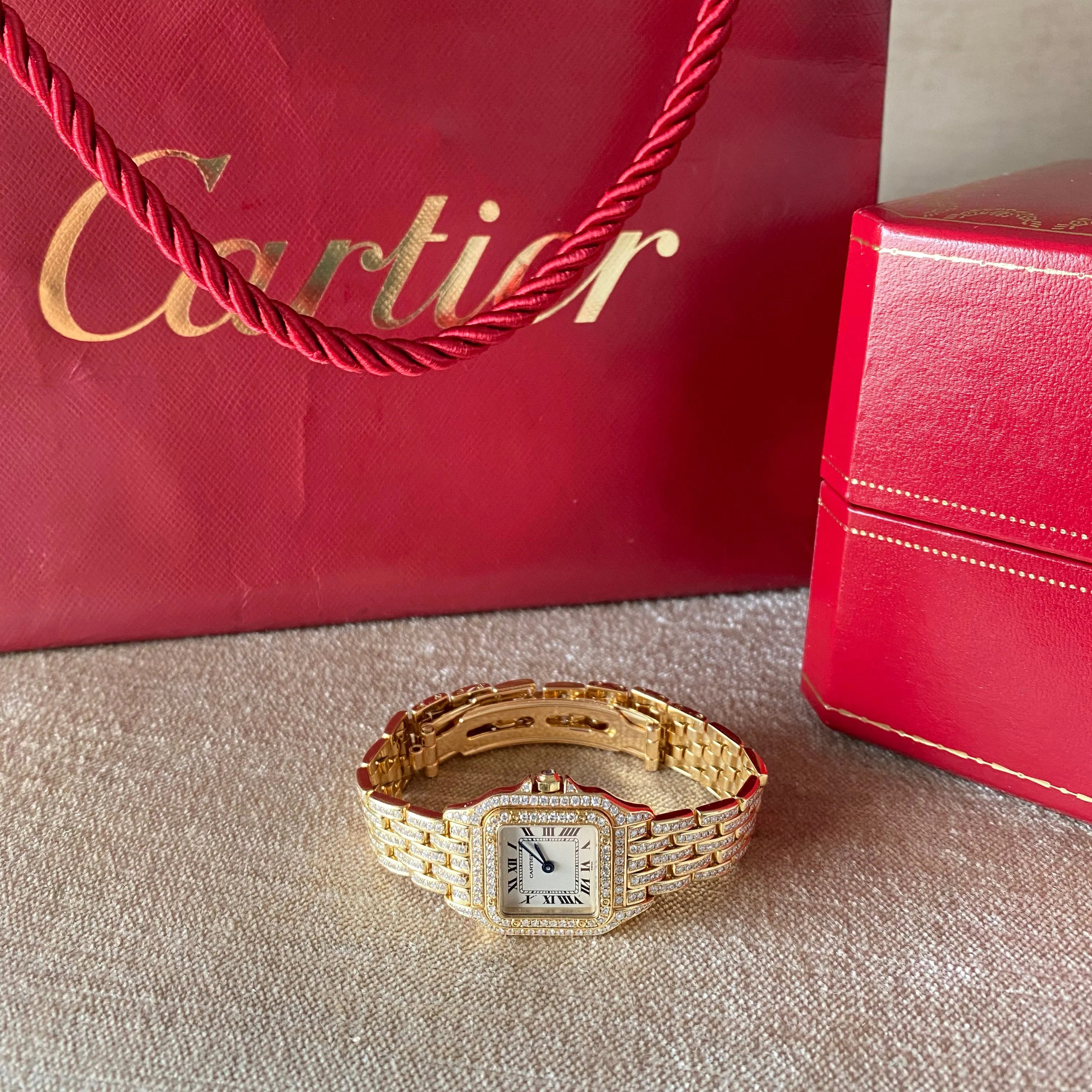 Cartier 18K Yellow Gold Mini 22mm Panthere Ladies Diamond Watch