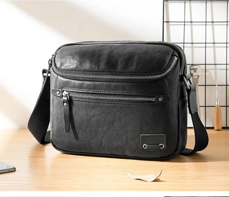 Casual Black Leather Mens 10 inches Postman Bag Black Courier Bag Messenger Bags Side Bag for Men