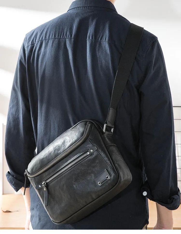 Casual Black Leather Mens 10 inches Postman Bag Black Courier Bag Messenger Bags Side Bag for Men