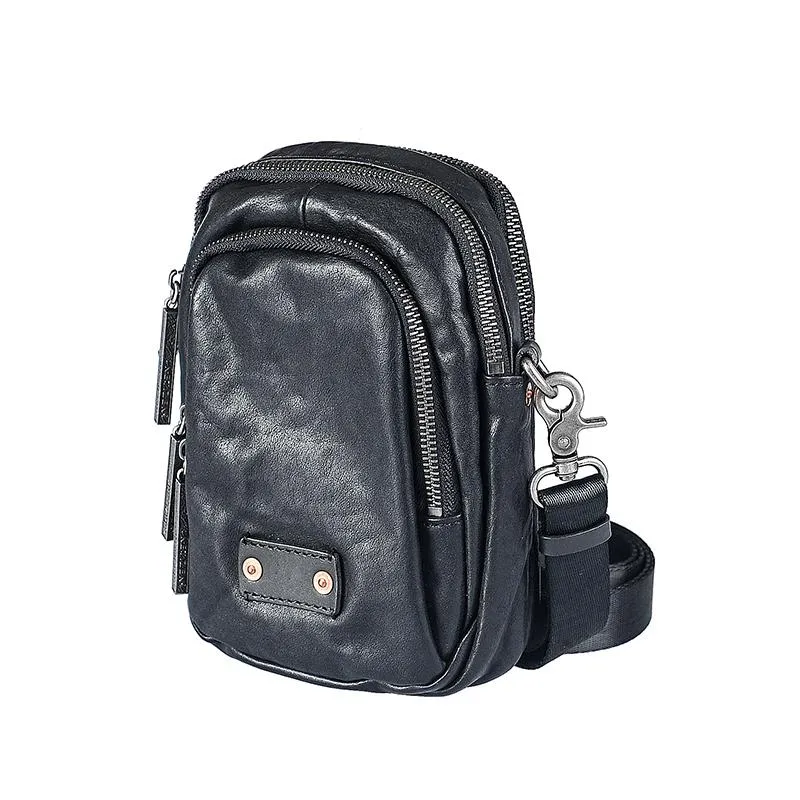 CASUAL BLACK LEATHER MEN'S MIni Vertical Side Bags MESSENGER BAG BLACK Belt Bag Blet Pouch FOR MEN