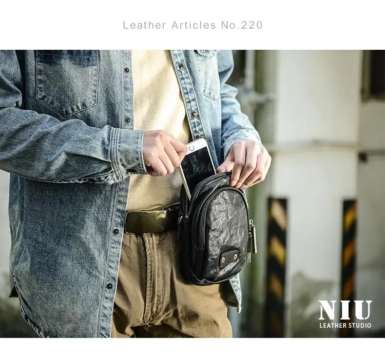 CASUAL BLACK LEATHER MEN'S MIni Vertical Side Bags MESSENGER BAG BLACK Belt Bag Blet Pouch FOR MEN
