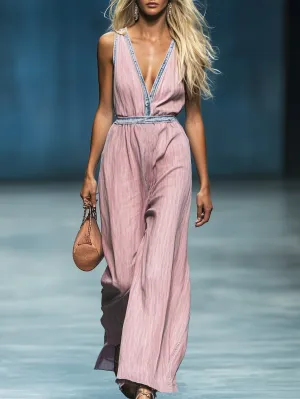 Casual Loose Pink Denim Sleeveless Wide Leg Jumpsuit