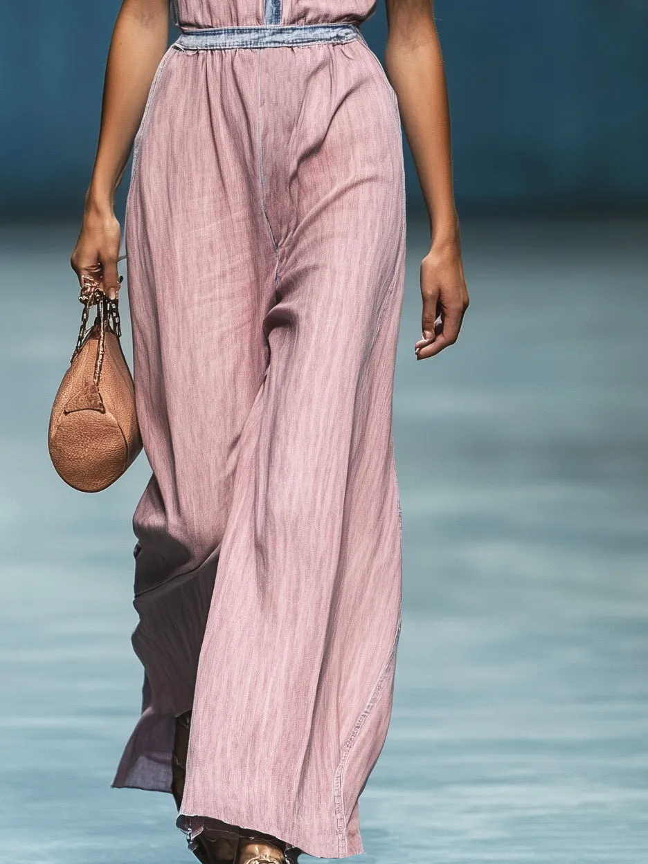 Casual Loose Pink Denim Sleeveless Wide Leg Jumpsuit