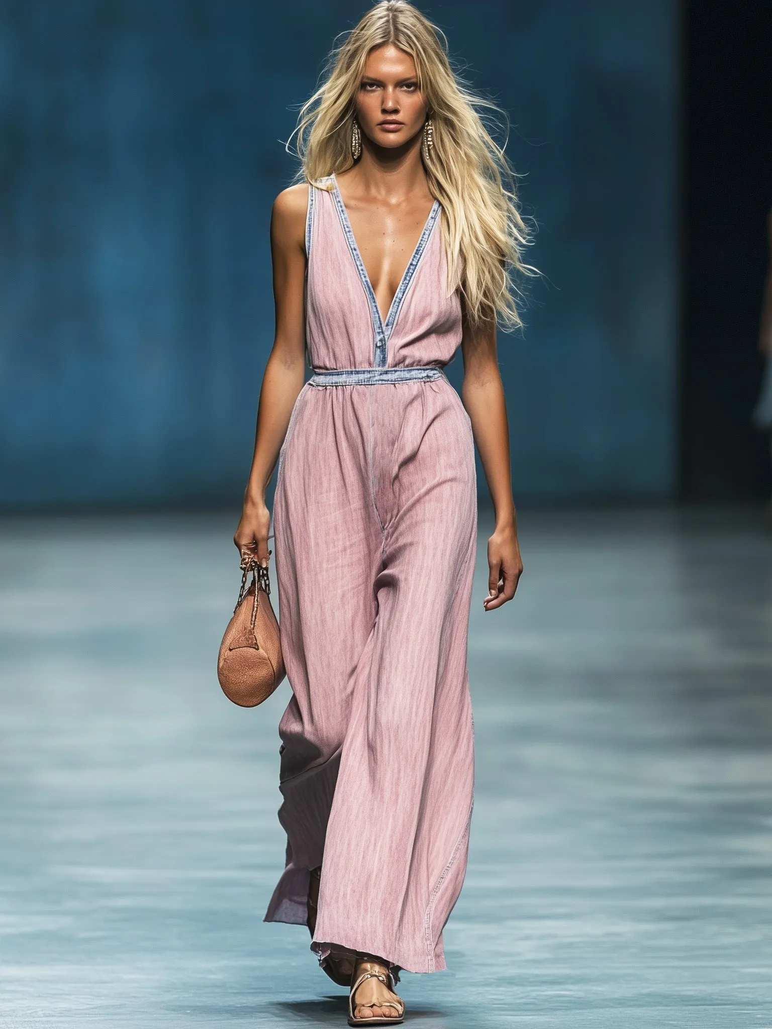 Casual Loose Pink Denim Sleeveless Wide Leg Jumpsuit