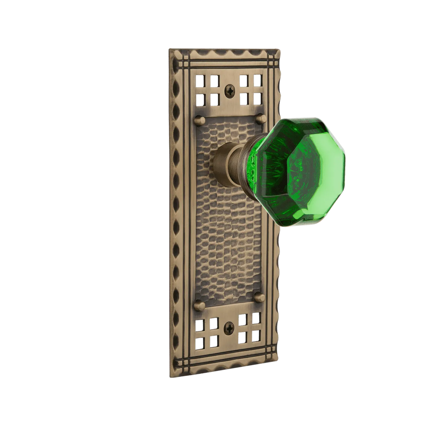 Craftsman Long Plate with Emerald Waldorf Knob in Antique Brass