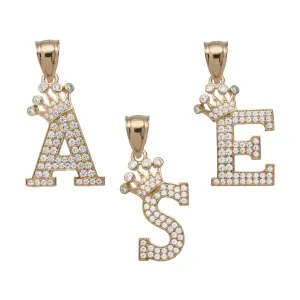 CZ Crown Initial Letter Pendant 10K Yellow Gold