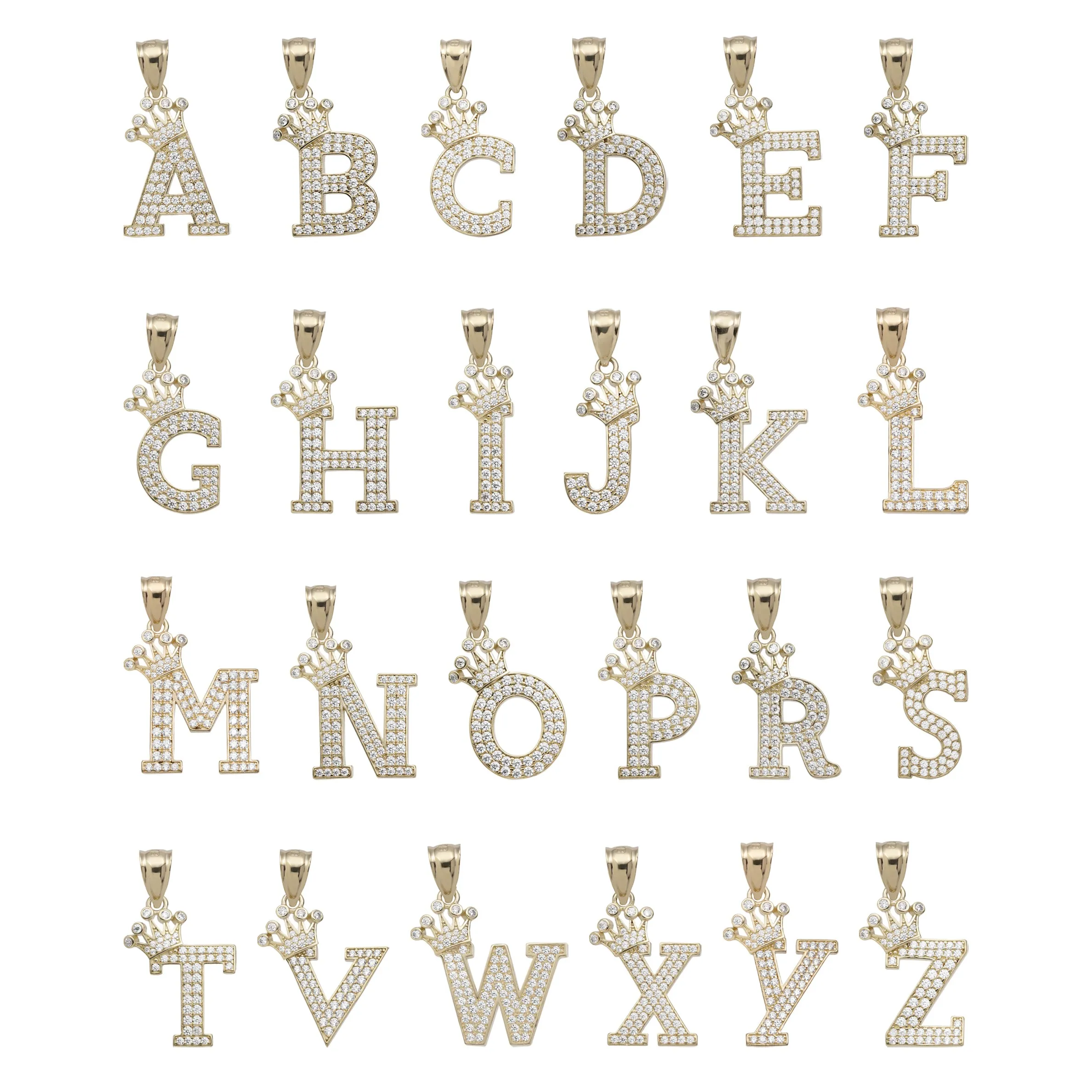 CZ Crown Initial Letter Pendant 10K Yellow Gold