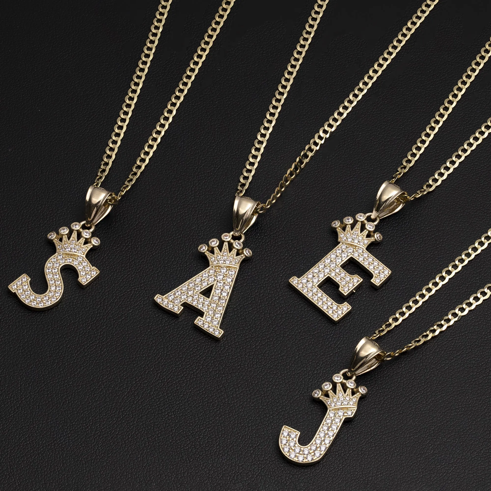 CZ Crown Initial Letter Pendant 10K Yellow Gold