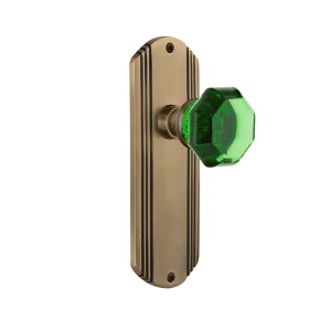 Deco Long Plate with Emerald Waldorf Knob in Antique Brass
