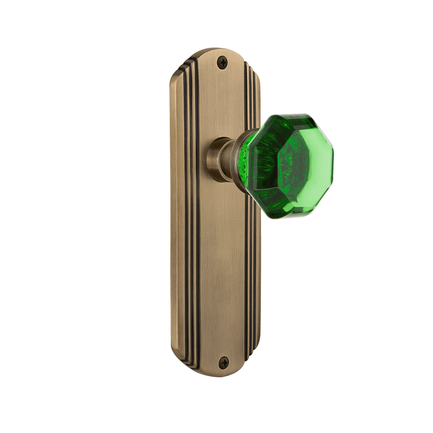 Deco Long Plate with Emerald Waldorf Knob in Antique Brass