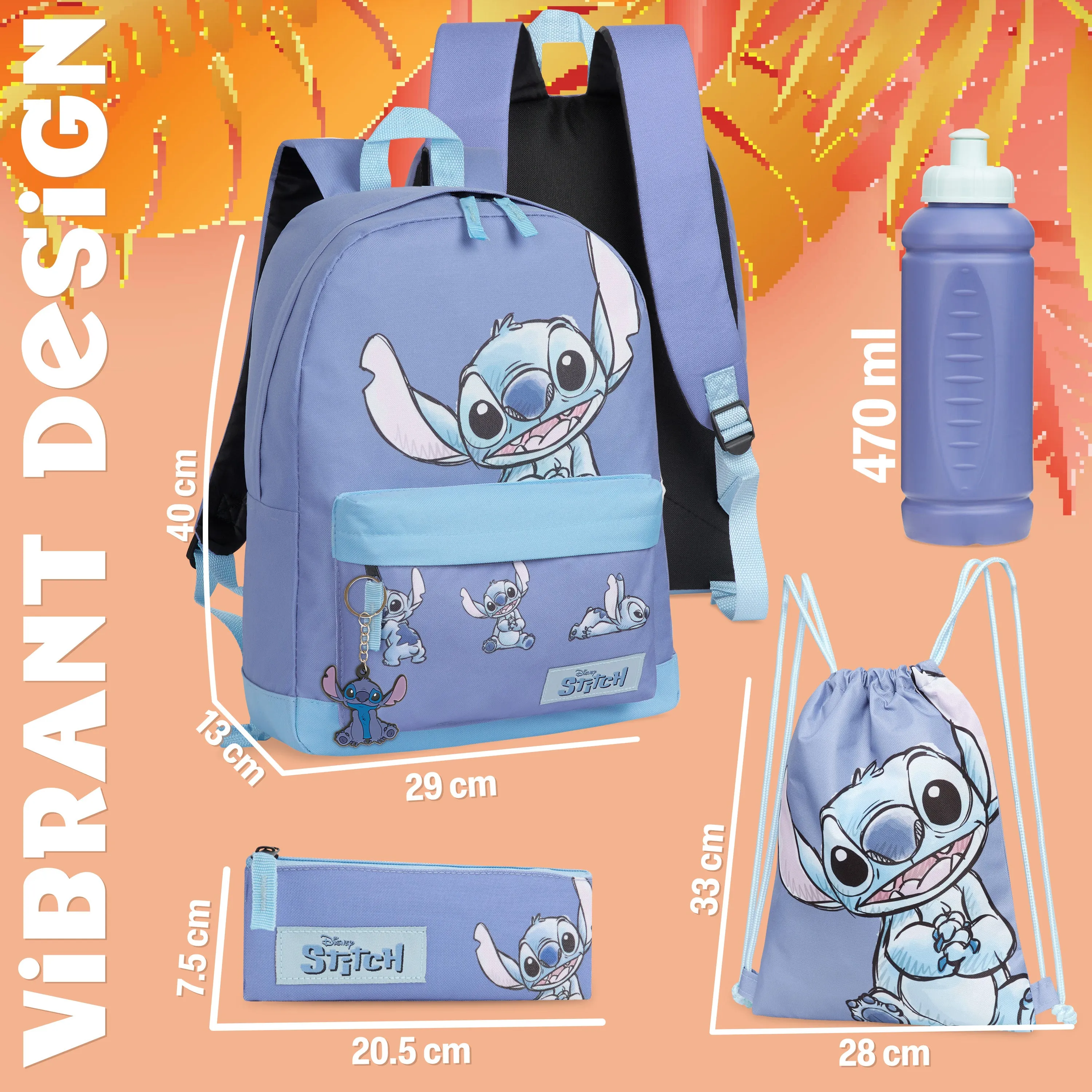 Disney Stitch School Bag Set, Backpack, Drawstring Bag, Pencil Case, Water Bottle ,Keyring