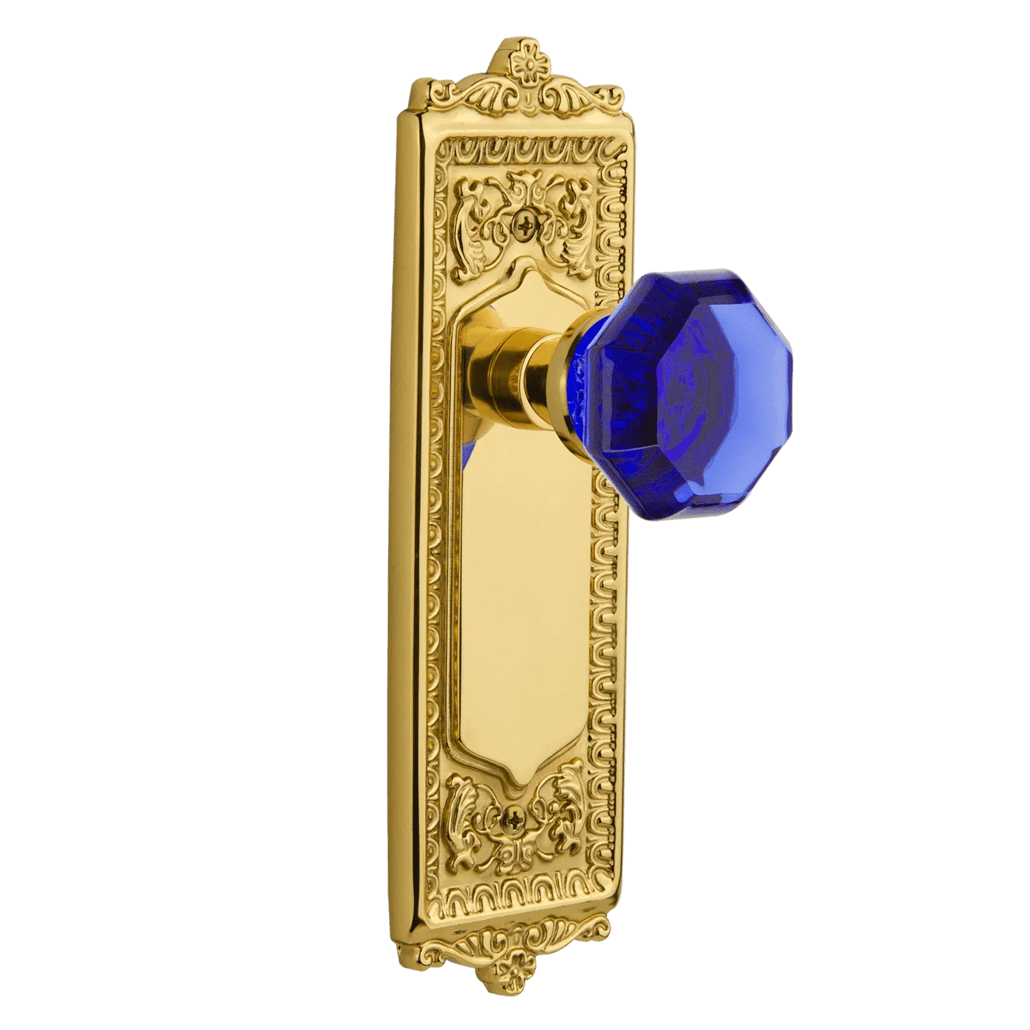Egg & Dart Long Plate with Cobalt Waldorf Knob in Polished Brass