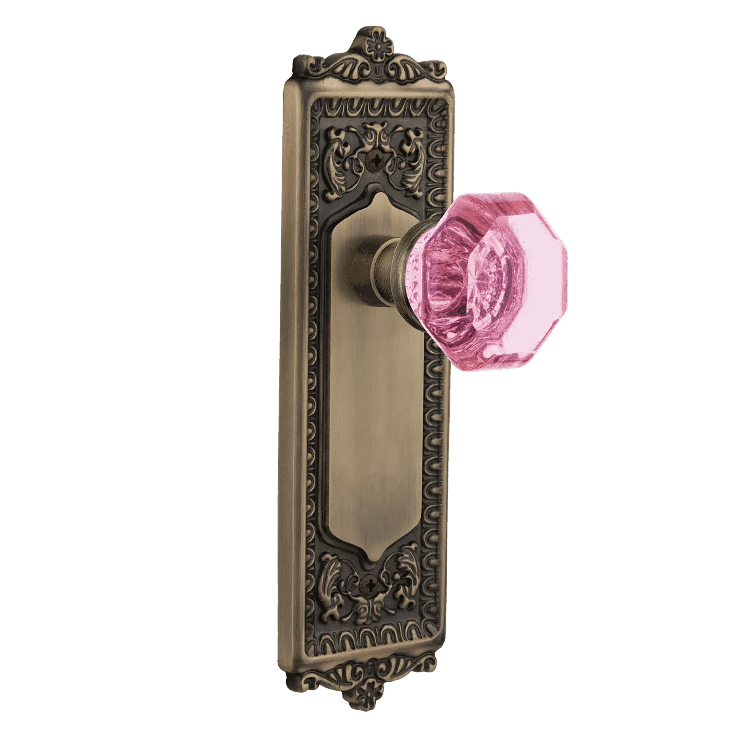 Egg & Dart Long Plate with Pink Waldorf Knob in Antique Brass