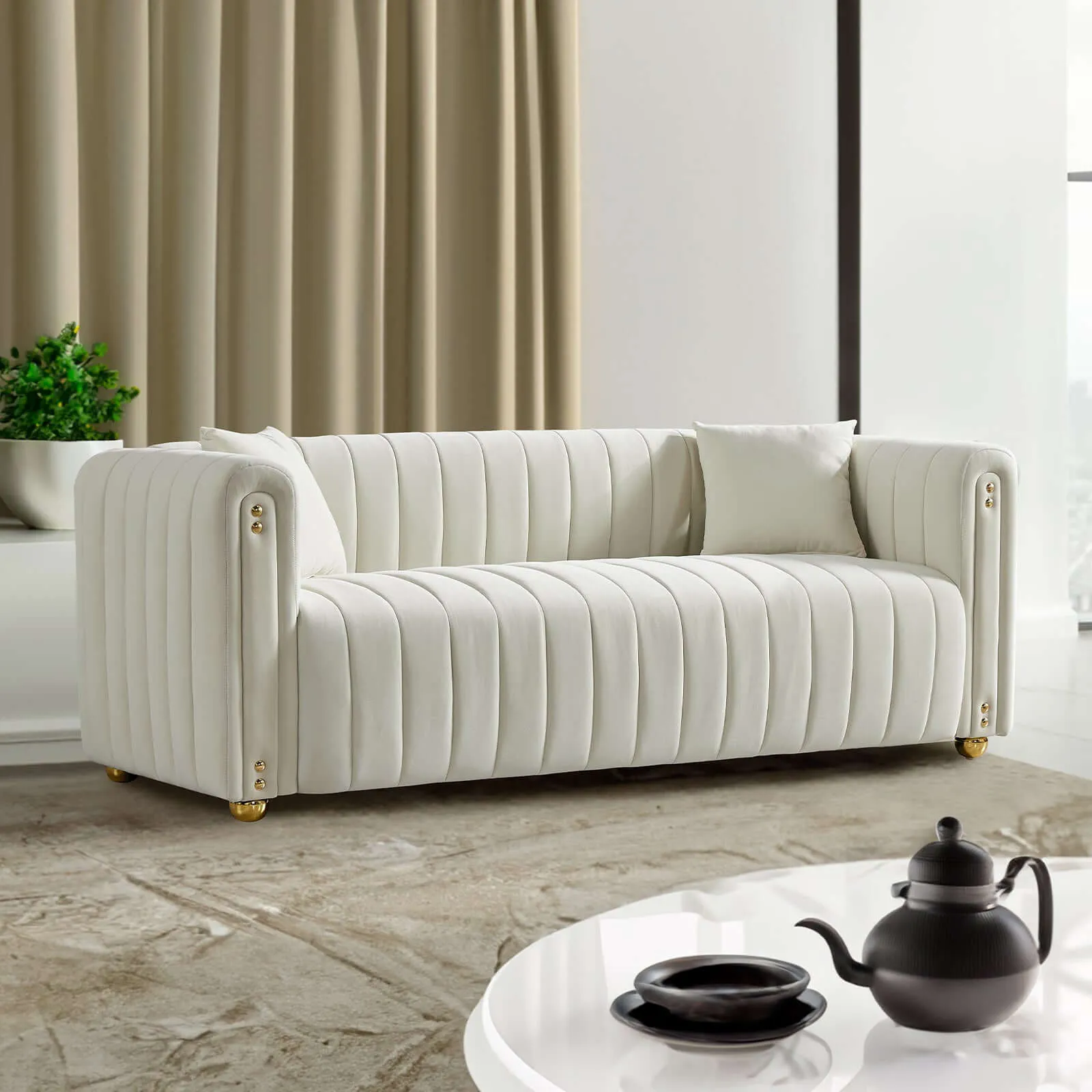 Elegant White Tufted Velvet Sofa Compact & Luxurious 79.92"