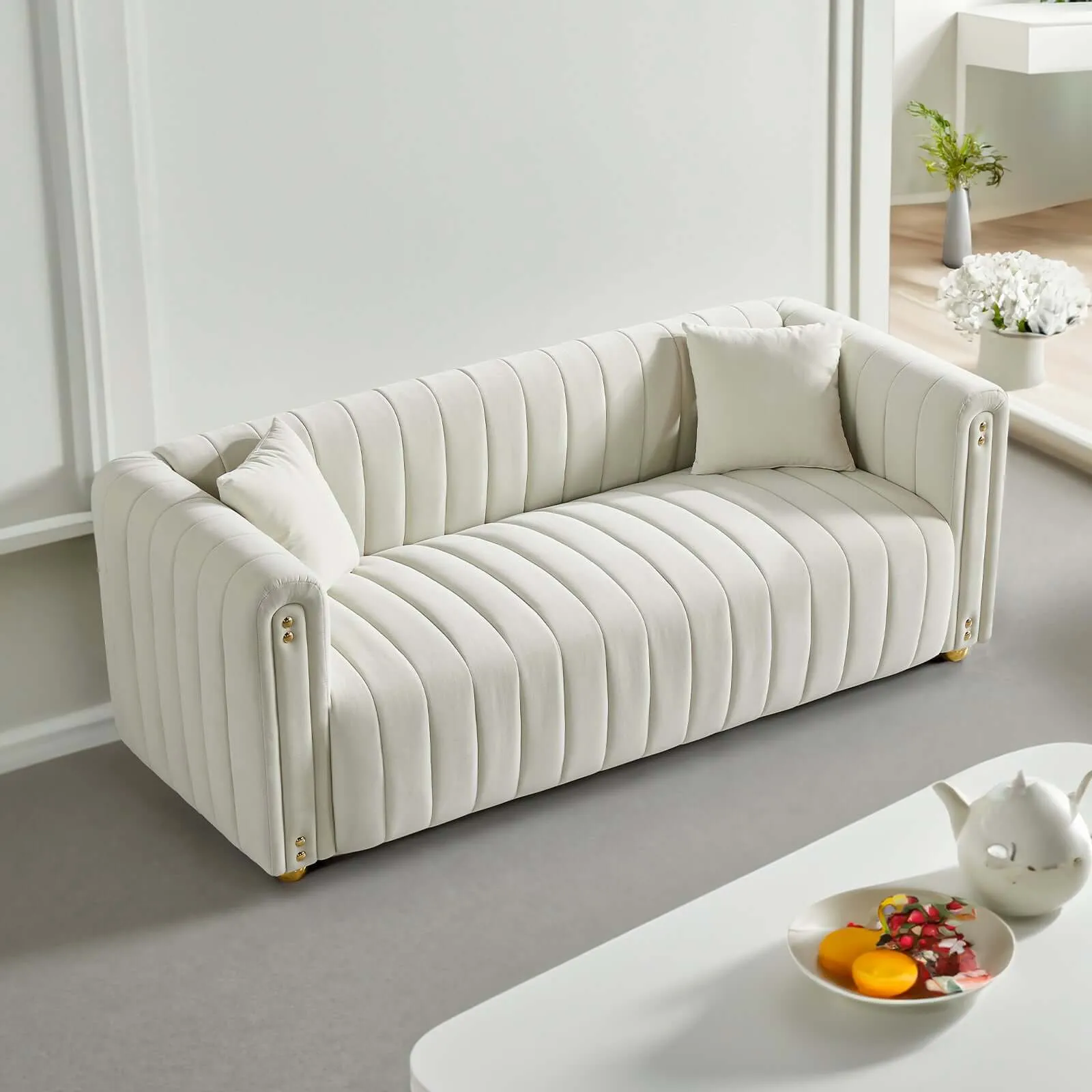 Elegant White Tufted Velvet Sofa Compact & Luxurious 79.92"