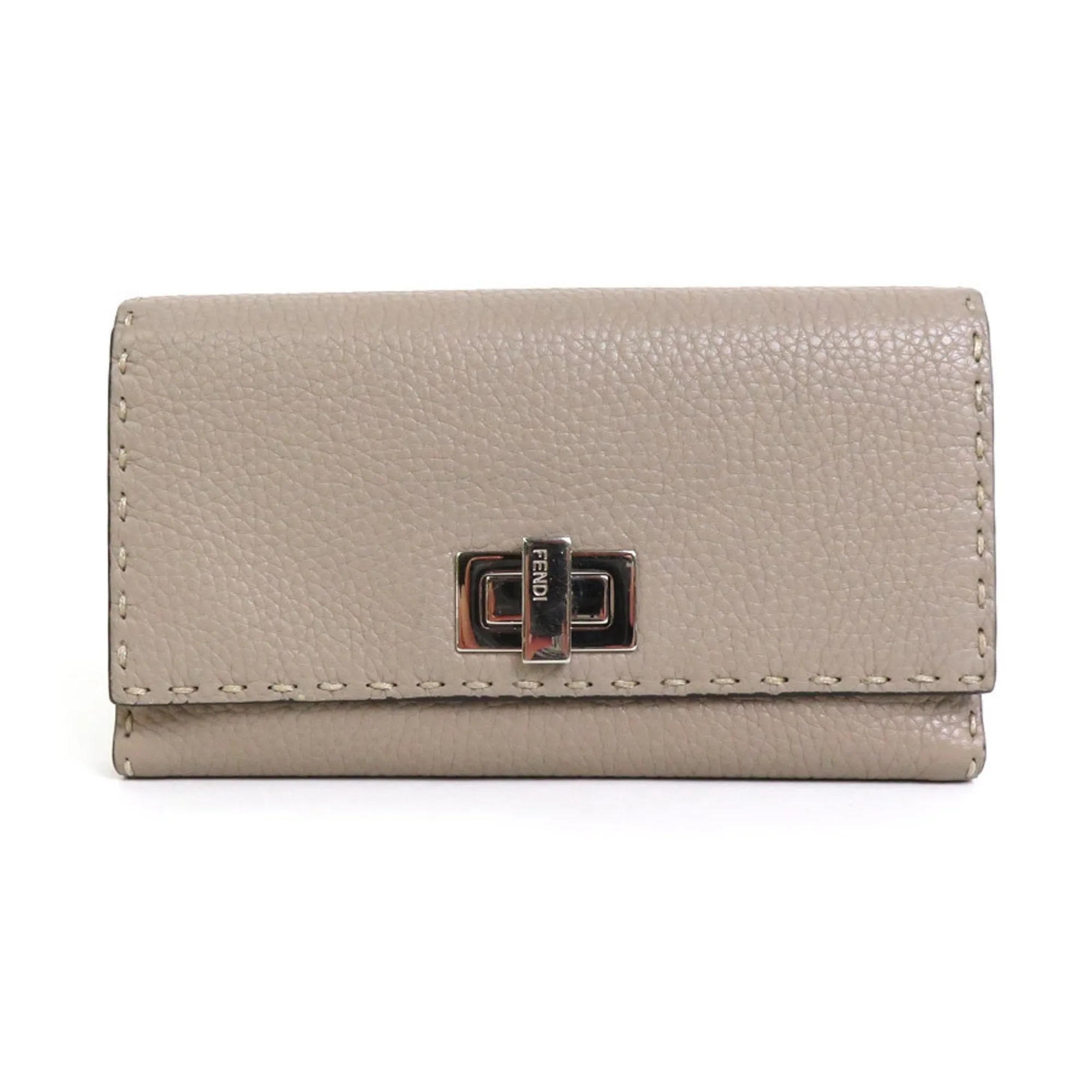 FENDI Bifold Long Wallet Selleria Leather Greige Silver Women's