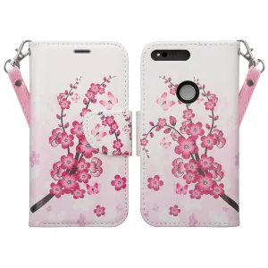 Google Pixel Case, Pu Leather Magnetic Fold[Kickstand] Wallet Case with ID & Card Slots for Google Pixel - Cherry Blossom