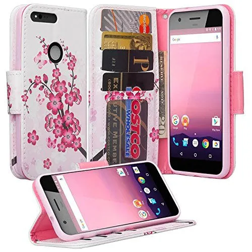 Google Pixel Case, Pu Leather Magnetic Fold[Kickstand] Wallet Case with ID & Card Slots for Google Pixel - Cherry Blossom