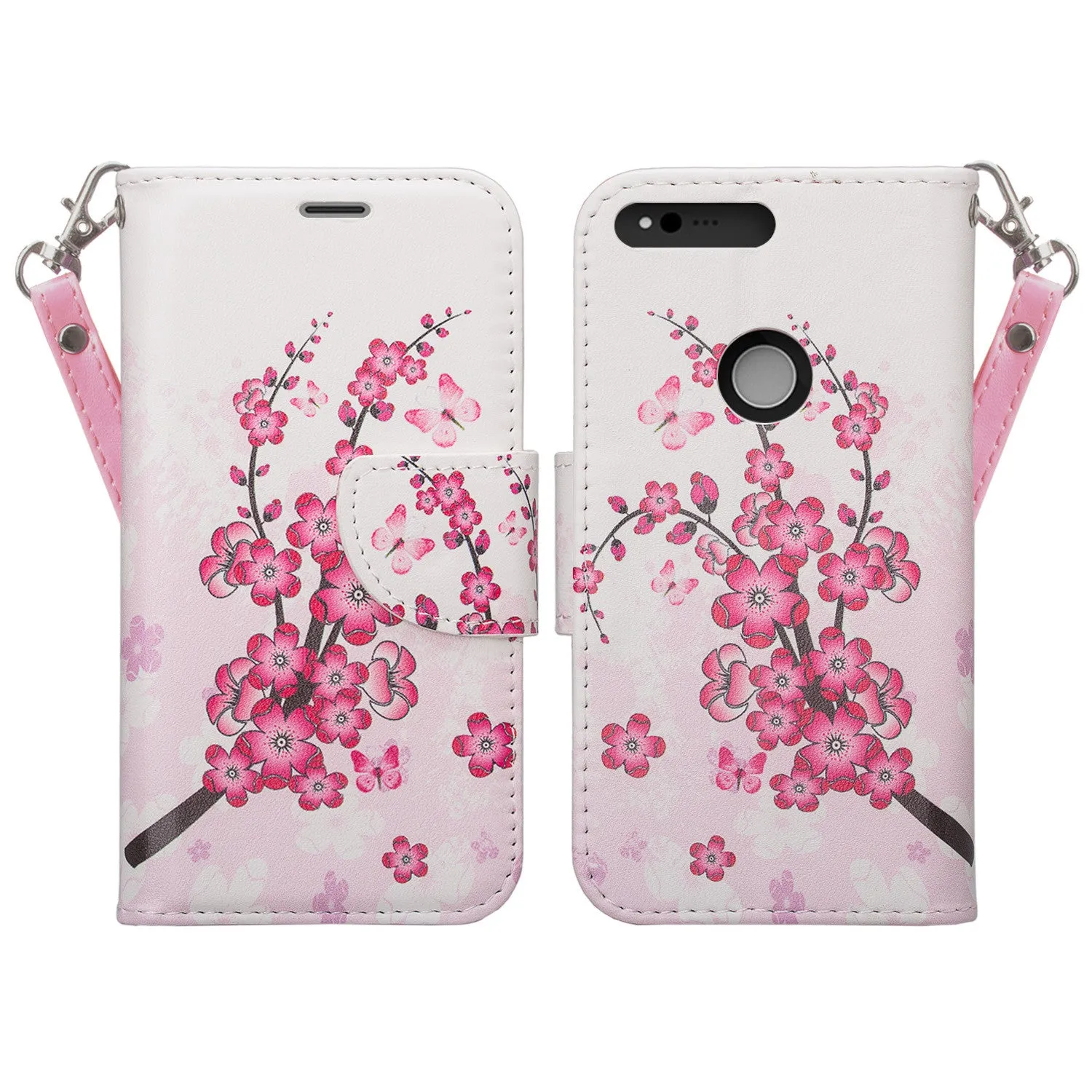 Google Pixel Case, Pu Leather Magnetic Fold[Kickstand] Wallet Case with ID & Card Slots for Google Pixel - Cherry Blossom