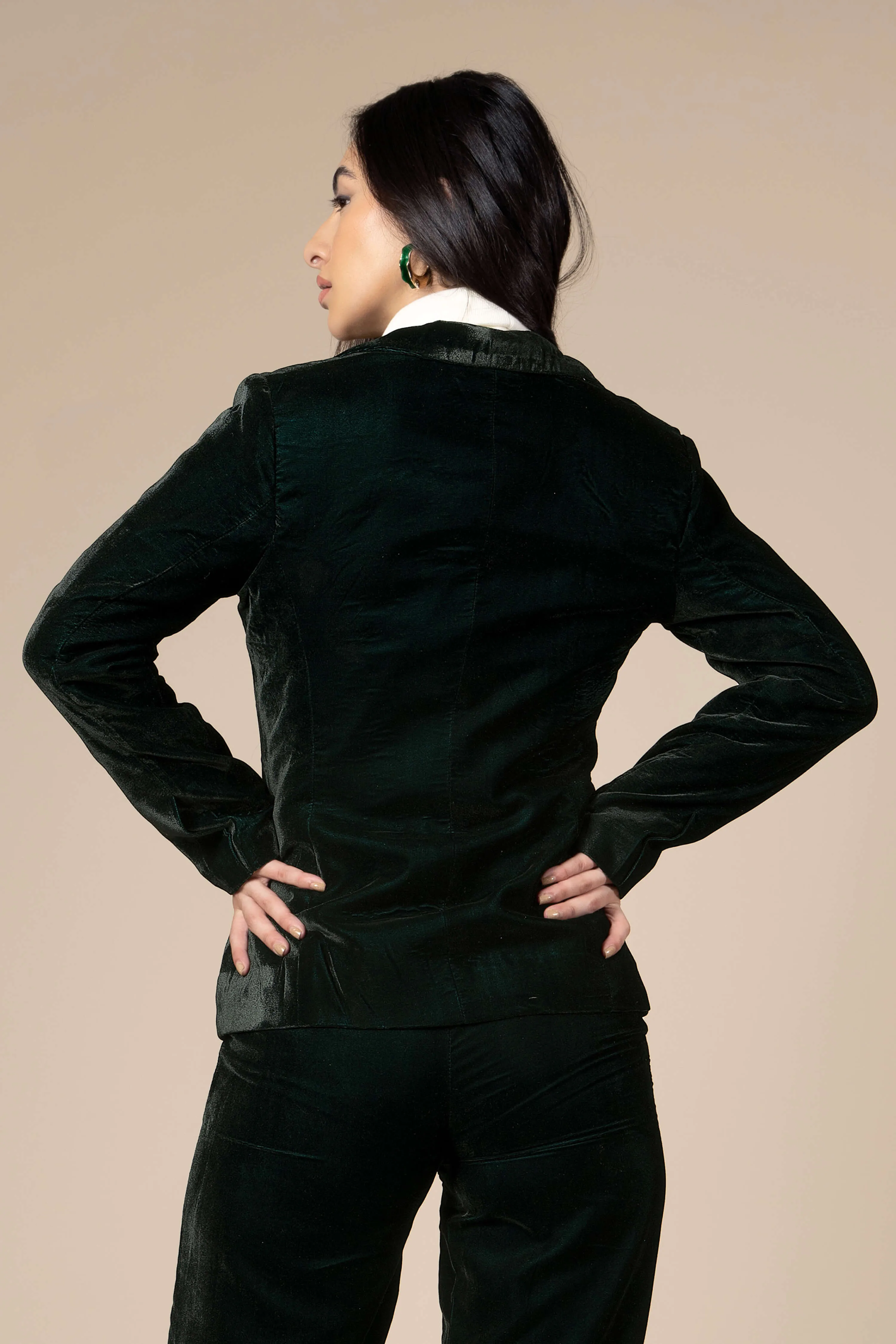Green Dual Tone Luxurious Velvet Blazer For Women