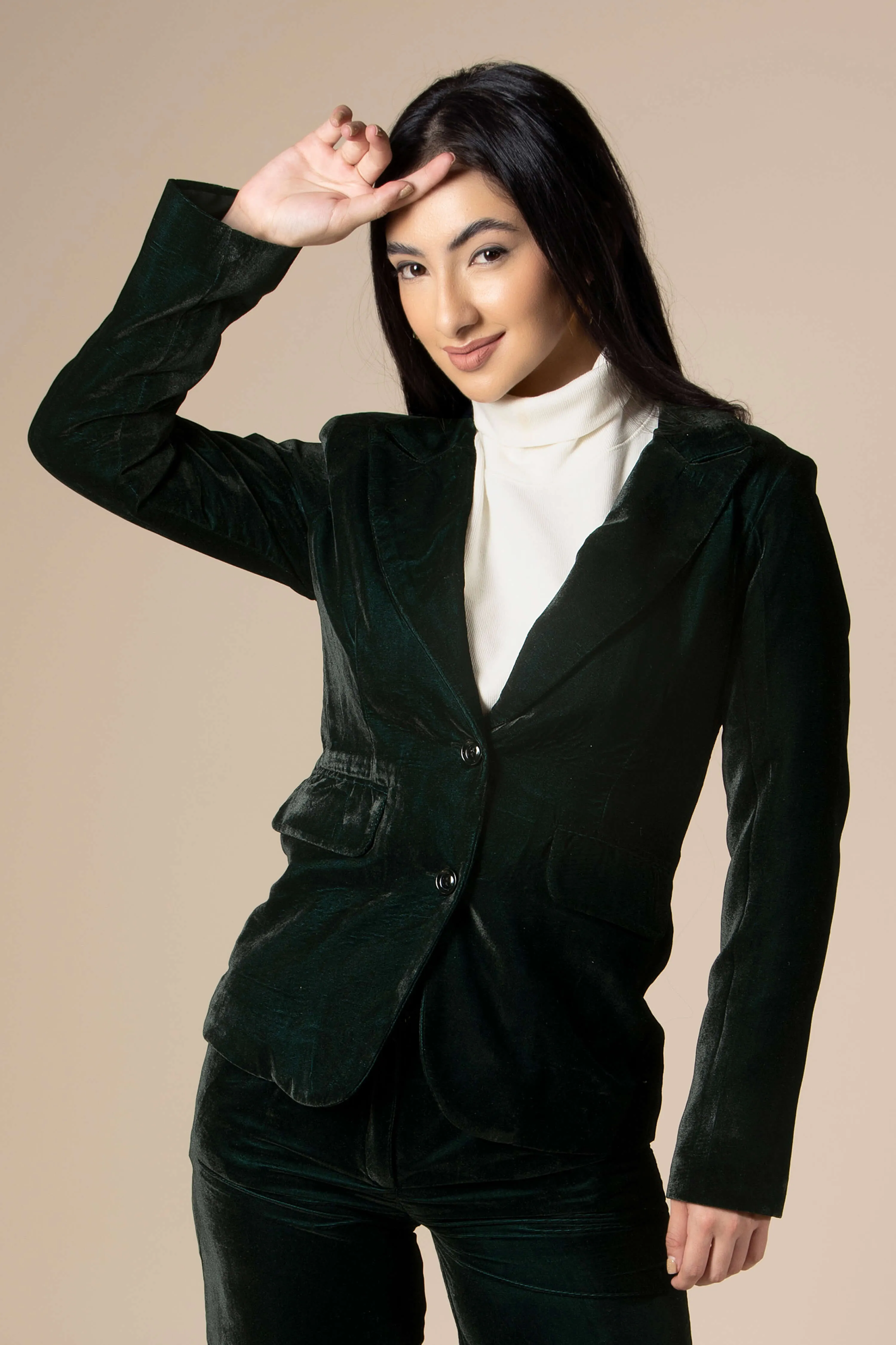 Green Dual Tone Luxurious Velvet Blazer For Women