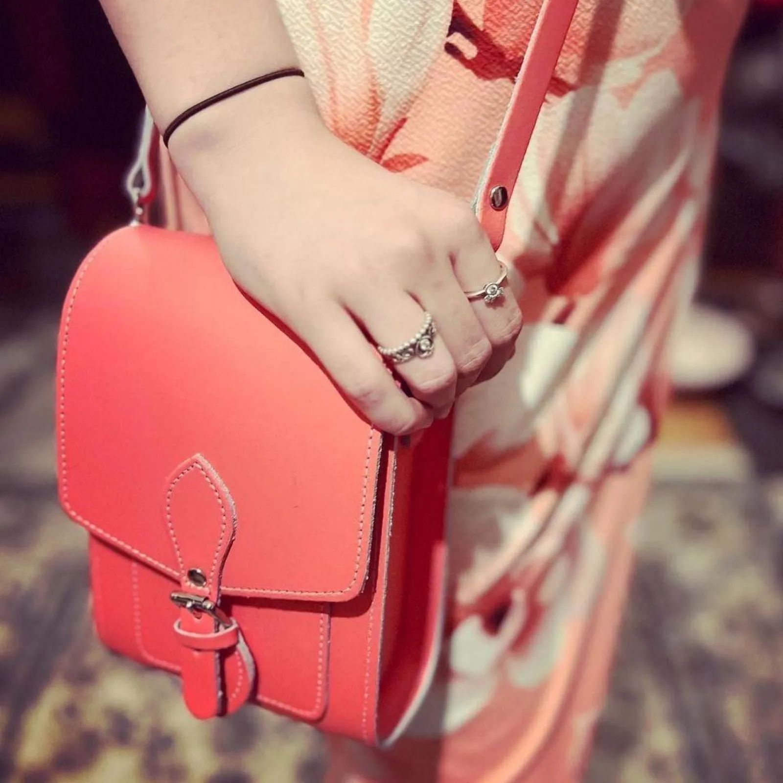 Handmade Leather Festival Phone Bag - Coral