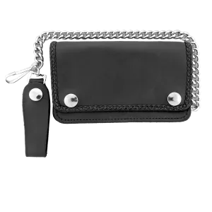 Hot Leathers WLC1002 5 Pocket Bi-fold Braided Detail Black Leather Wallet with Chain